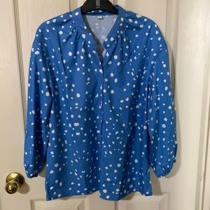 Blue with white polka dots in mid elbow puff sleeve - size large